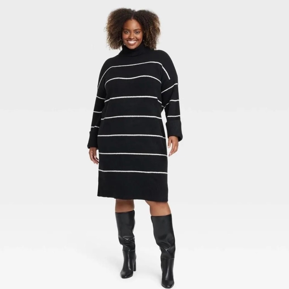 Black Striped Turtleneck Sweater Dress